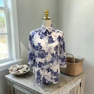 Free People Blue Floral Semi-Sheer Button-Up Roll-Tab Raw Hem 3/4 Sleeve Sz S